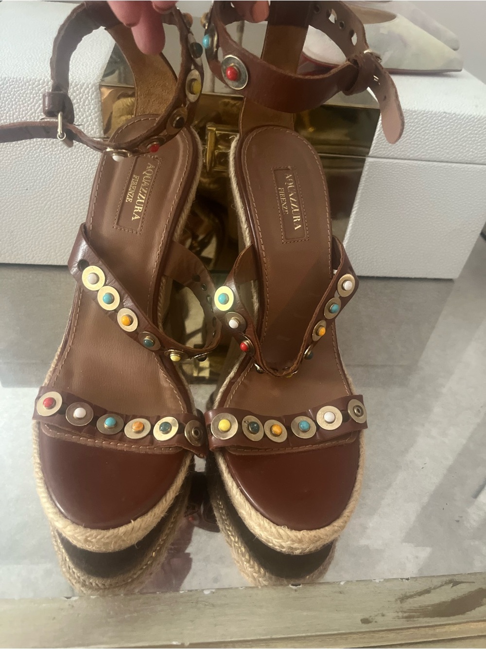 Aquazzura Brown Leather Multicolor Studded Espadrille Wedges